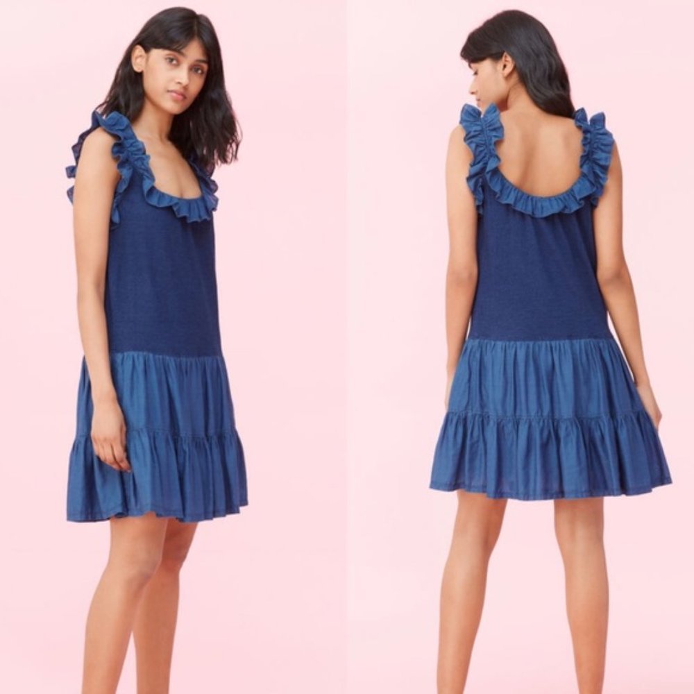 Rebecca Taylor Blue Dress Cotton Tiered Ruffle Tank Dress XS